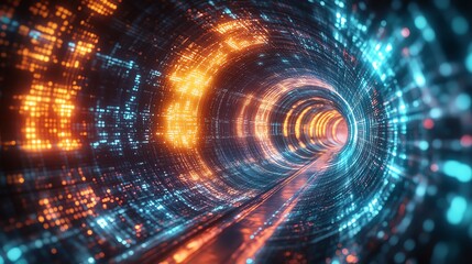 Obraz premium Abstract digital tunnel with glowing blue and orange lights, futuristic perspective.