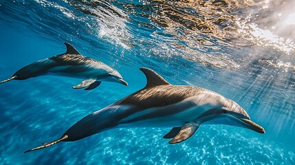 Fototapeta premium Graceful Dolphins Swimming in Clear Blue Water with Sunlight Shafts