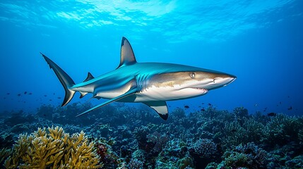 Fototapeta premium Shark Patrols Coral Reef in Glowing Blue Ocean Depths
