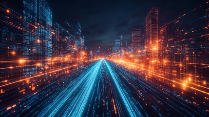 Futuristic cityscape with vibrant lights and dynamic motion effects.