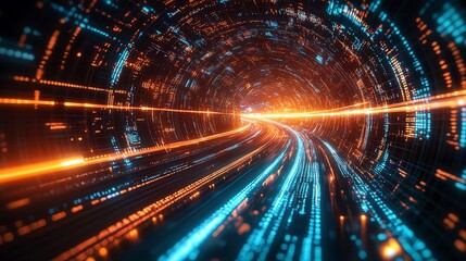Fototapeta premium Futuristic digital tunnel with glowing lines and vibrant colors, abstract concept.