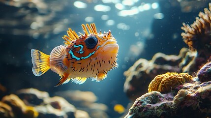 Fototapeta premium Colorful Pufferfish Near Coral Under Sunlight – Stunning Underwater Scene