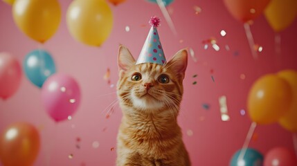 Cute Cat Wearing Party Hat Surrounded by Balloons