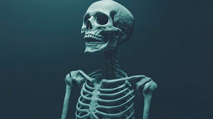 A spooky skeleton posed in a creepy stance on a dark background, perfect for Halloween-themed visuals with an eerie atmosphere