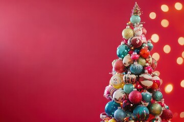 A whimsical Christmas tree, filled with eclectic ornaments and playful decorations. Bokeh lights shine softly in the background, casting a warm glow against the vibrant red backdrop