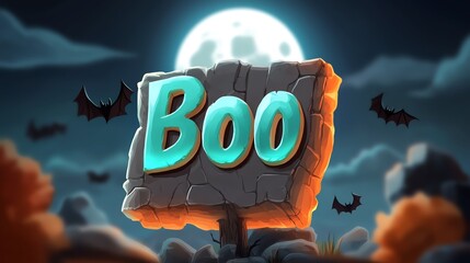 A stone sign with the word "BOO" on it, illuminated by a full moon. Bats fly in the background. Halloween themed.