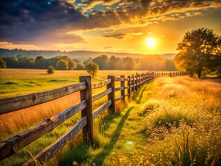Obraz premium Bokeh Effect Field and Fence at Sunset - Captivating Late Afternoon Light