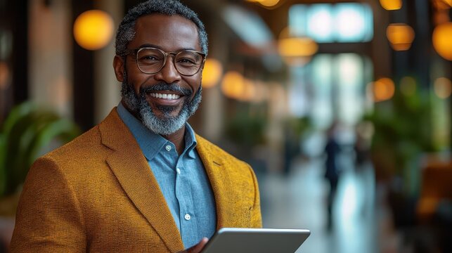 cheerful african american male manager holding a tablet smiling as he walks through a modern office corridor exuding confidence and positivity in a vibrant workplace