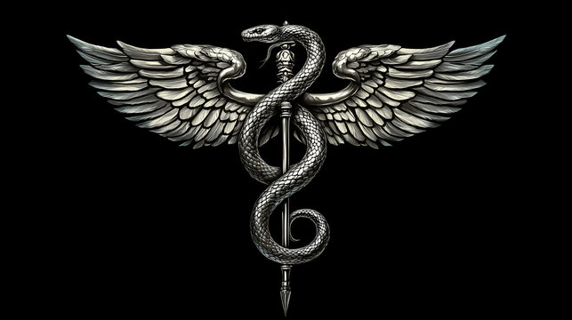 A silver caduceus, a symbol of medicine, with a snake wrapped around a staff with wings, on a black background. Winged Serpent. Illustration