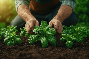 Fototapeta premium Gardener tending to young spinach plants in rich soil, nurturing growth and sustainability.