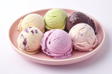 An assortment of ice cream scoops placed on a pastel pink plate, showcasing flavors such as pistachio, coconut, and blueberry. The soft background highlights the textures and colors of the ice cream