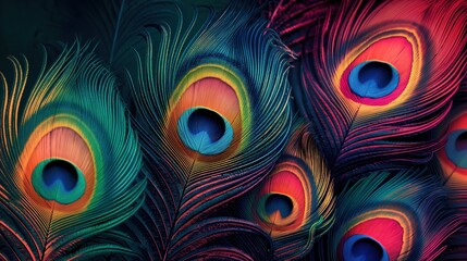 Close-up of vibrant peacock feather eyes with various colors and intricate patterns