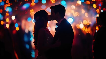Romantic silhouette of newlyweds kissing at wedding reception with magical bokeh lights background. Wedding and engagement announcements