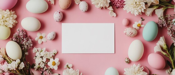 Easter eggs and flowers on pink background