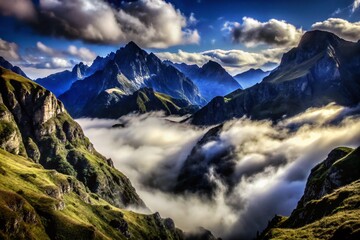 Obraz premium Breathtaking Majestic Mountain Range with Clouds and Fog – Nature's Majesty Captured in Stunning Detail