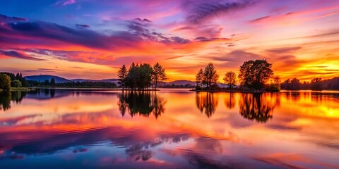 Breathtaking Panoramic Sunset Over Serene Landscape with Vibrant Colors and Reflection