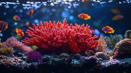 Stunning Red Coral Cluster with Colorful Fish in Shallow Sea Light