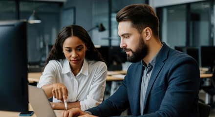 Man and a woman working together in office looking at a laptop computer.