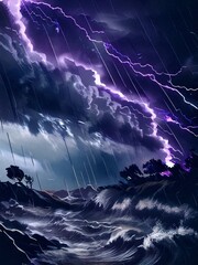 Lightning storm unleashing its fury over a raging ocean