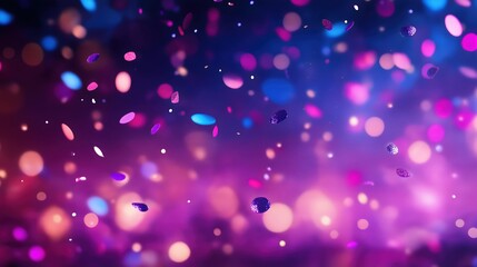 Pink and blue glowing particles floating on dark purple gradient background with bokeh effect