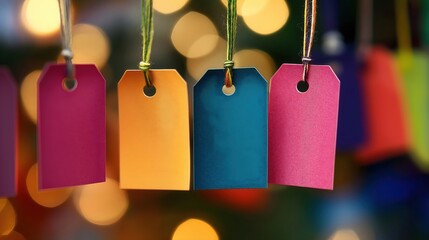Colorful price tags hanging. Sale and shopping concept