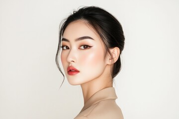 Fototapeta premium Sophisticated Asian woman with professional makeup, showcasing a high-fashion look, standing confidently in a luxurious beige setting