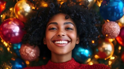 Smiling woman with curly hair among Christmas ornaments. Holiday spirit and joy concept