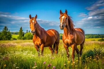 Obraz premium Brown Horses in a Meadow on Wolfe Island, Ontario, Canada - Nature and Wildlife Photography