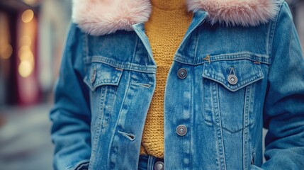 Blue denim jacket with pink fur collar and yellow knit sweater on city street