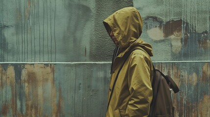 Side view of person wearing yellow hooded raincoat with backpack next to wet concrete wall
