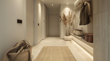 Minimalist mudroom, soft lighting
