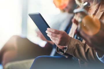 Business, audience or hands with tablet in conference for online notes, seminar information or digital interaction. Bokeh, people or crowd in training workshop with technology for convention feedback
