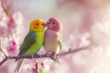 Obraz premium Colorful lovebirds perched on branch with cherry blossoms. Nature and romance concept