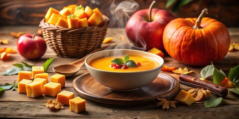 Butternut Squash Soup with Diced Butternut Squash and Apples in Tilt-Shift Style