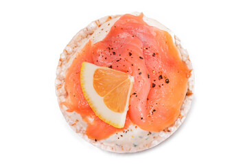 Rice Cake Sandwich with Fresh Salmon and Lemon - Isolated on White Background. Diet Food. Quick and Healthy Sandwiches. Crispbread with Fresh Fillings. Healthy Dietary Snack