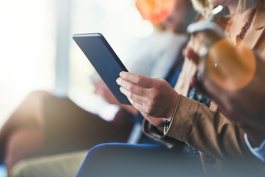 Business, audience or hands with tablet in conference for online notes, seminar information or digital interaction. Bokeh, people or crowd in training workshop with technology for convention feedback