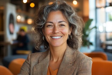 Fototapeta premium Happy businesswoman smiling in a co-working office, Generative AI