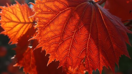 Close up of vibrant red autumn leaf with intricate veins sunlight filtering through