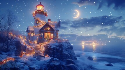 A winter lighthouse with festive illumination and fireworks on the background of the night sky, creating a fabulous atmosphere of comfort and celebration. copy space on the right