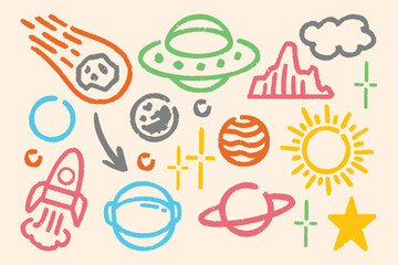 Colorful space galaxy crayon shapes and doodles