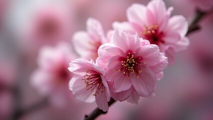 Fototapeta premium Beautiful pink cherry blossom petals with pollen against soft bokeh background