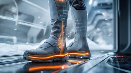 Glowing high-tech boots with digital displays and neon lights in sci-fi environment