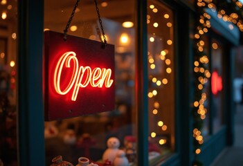A cozy storefront featuring a bright Open sign, beautifully decorated for the holiday season. This inviting display creates a warm ambiance perfect for shoppers