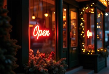 A cozy storefront featuring a bright Open sign, beautifully decorated for the holiday season. This inviting display creates a warm ambiance perfect for shoppers