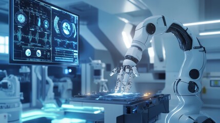 A robotic arm executing a precise task in an advanced medical laboratory, showcasing cutting-edge technology and automation in healthcare research.
