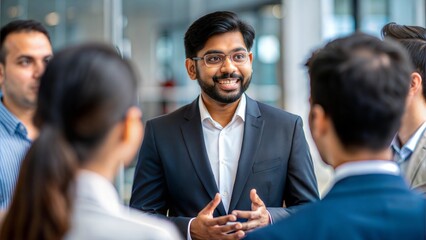 An Indian professional introducing themselves to a group of peers during a networking session.

