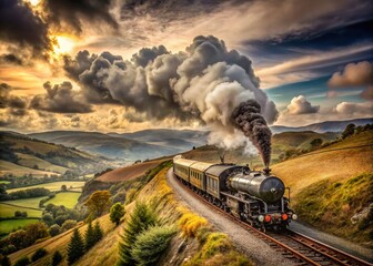 Vintage Minimalist Steam Train in Serene Landscape - Nostalgic Journey Through Time