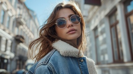 Young woman in denim jacket with fur collar and round sunglasses on city street