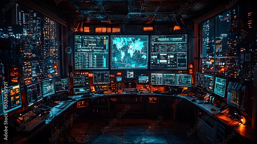 Poster futuristic police room with iot enabled control panels smart monitors displaying live data feeds and