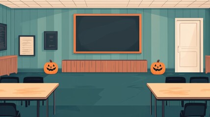 A decorated classroom featuring a chalkboard, wooden furniture, and Halloween pumpkins creating a festive atmosphere.